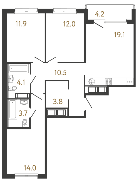 Трёхкомнатная квартира №166 в ЖК Передвижники - 79.1 м²  - №2
