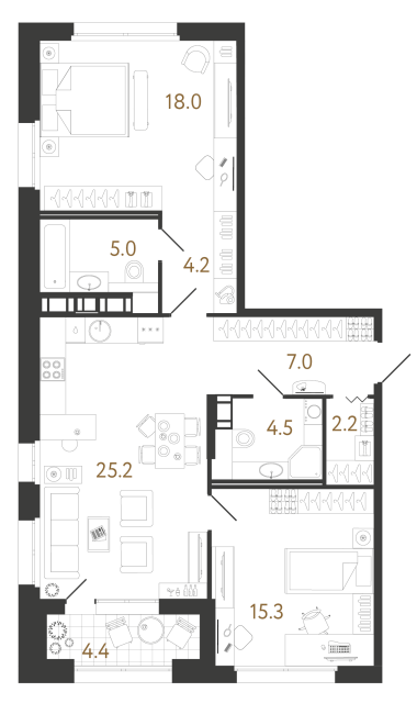 Двухкомнатная квартира №566 в ЖК Куинджи - 81.4 м²