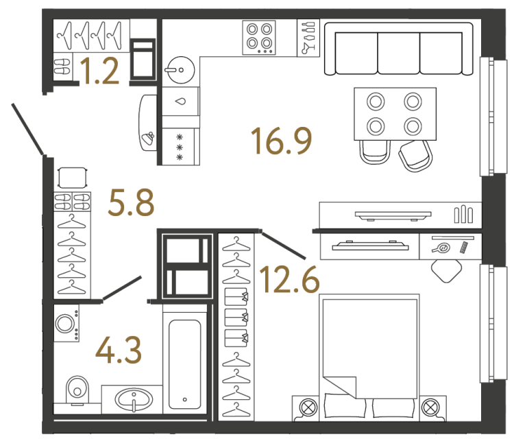 Однокомнатная квартира №136 в ЖК Передвижники - 40.8 м²
