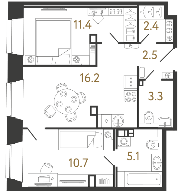 Двухкомнатные апартаменты №39 в ЖК Светоч - 51.6 м²