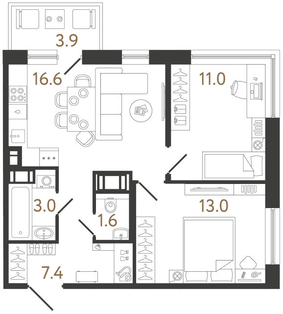 Двухкомнатная квартира №381 в ЖК Передвижники 2 - 52.6 м²