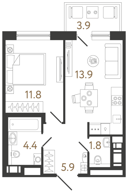 Однокомнатная квартира №346 в ЖК Передвижники 2 - 37.8 м²