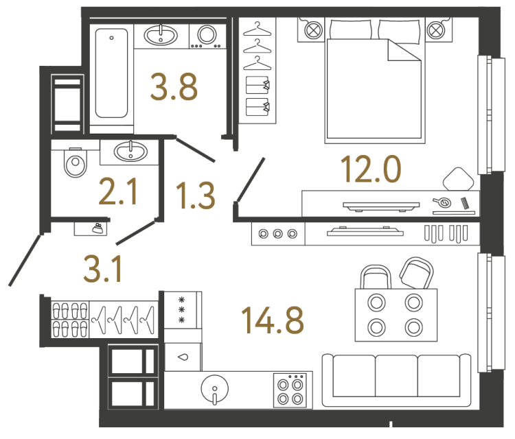 Однокомнатная квартира №53 в ЖК Передвижники - 37.1 м²