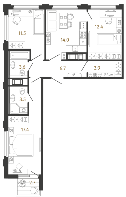 Трёхкомнатная квартира №21 в ЖК Гений - 73 м²