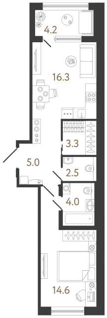 Однокомнатная квартира №11 в ЖК Передвижники 2 - 45.7 м²