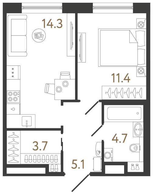 Однокомнатная квартира №151 в ЖК Передвижники 2 - 39.2 м²