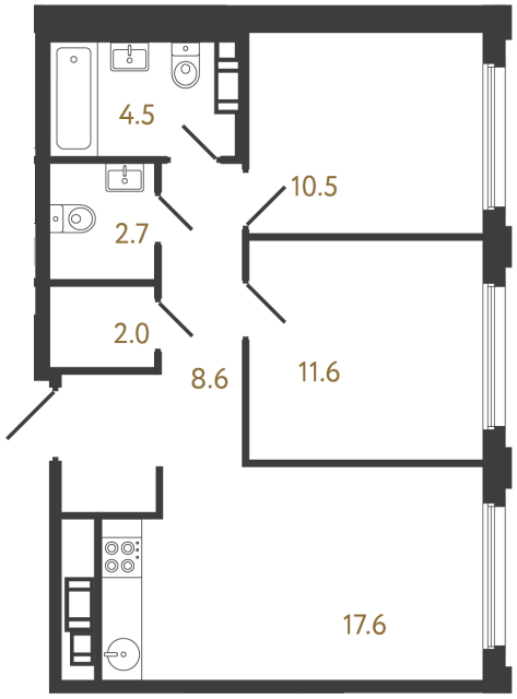 Двухкомнатная квартира №948 в ЖК Гений - 57.5 м²  - №2
