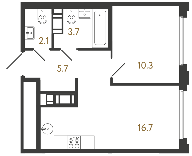 Однокомнатная квартира №230 в ЖК Гений - 38.5 м²  - №2