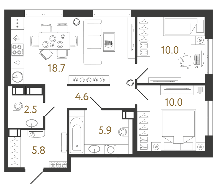 Двухкомнатная квартира №327 в ЖК Струны - 57.5 м²