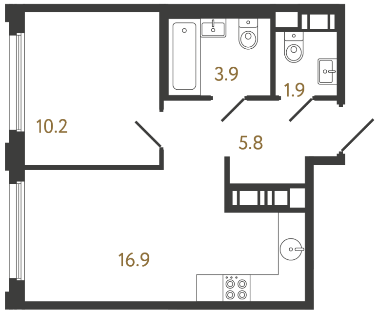 Однокомнатная квартира №954 в ЖК Гений - 38.7 м²  - №2