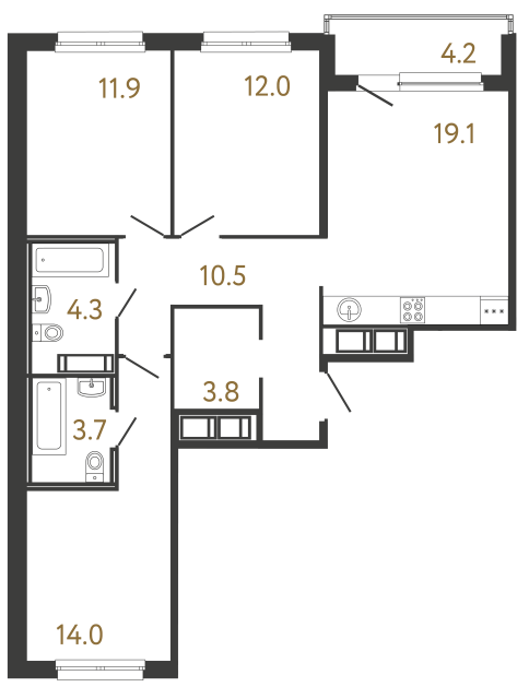 Трёхкомнатная квартира №182 в ЖК Передвижники - 79.3 м²  - №2