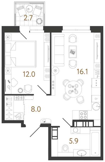 Однокомнатная квартира №156 в ЖК Куинджи - 42.7 м²