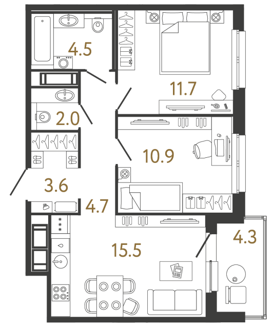Двухкомнатная квартира №323 в ЖК Передвижники - 52.9 м²
