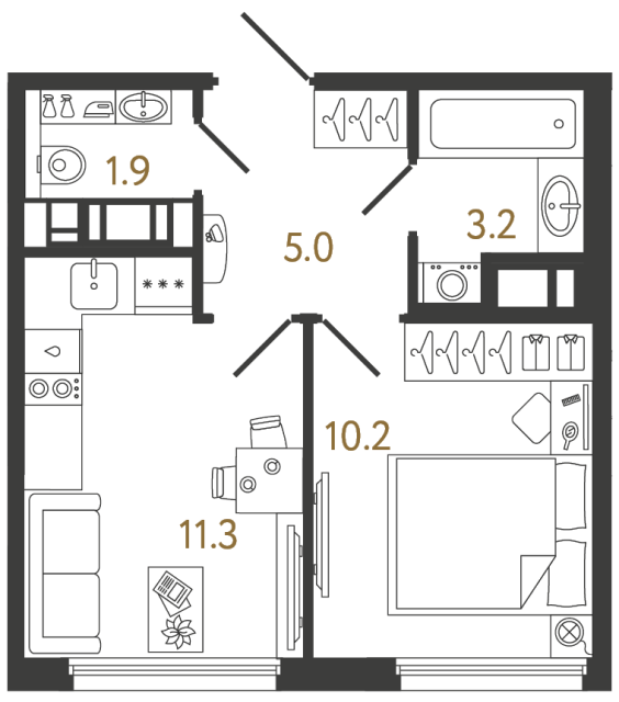 Однокомнатная квартира №1204 в ЖК Гений - 31.6 м²