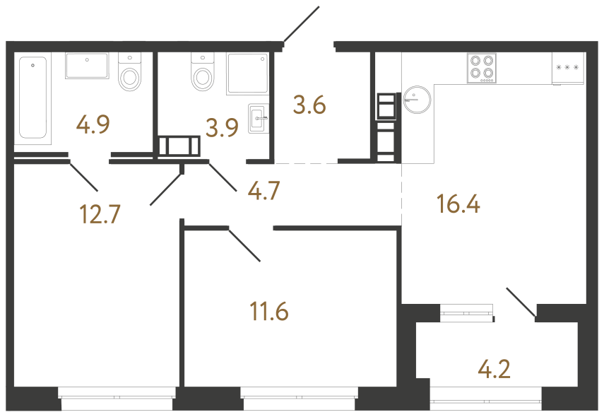 Двухкомнатная квартира №432 в ЖК Куинджи - 57.8 м²  - №2
