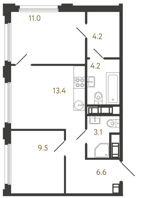 Двухкомнатная квартира №419 в ЖК Гений - 52 м²  - №2