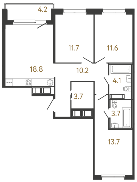 Трёхкомнатная квартира №163 в ЖК Передвижники - 77.5 м²  - №2