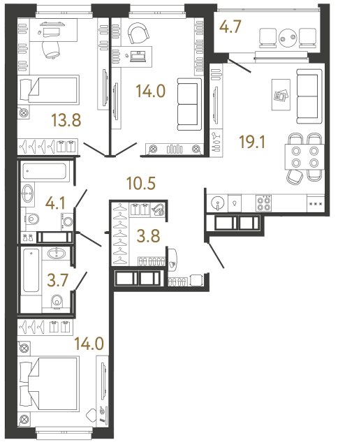 Трёхкомнатная квартира №154 в ЖК Передвижники - 83 м²