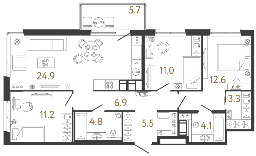 Трёхкомнатная квартира №142 в ЖК Передвижники - 84.3 м²