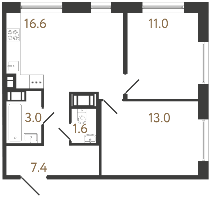 Двухкомнатная квартира №304 в ЖК Передвижники 2 - 52.6 м²  - №2