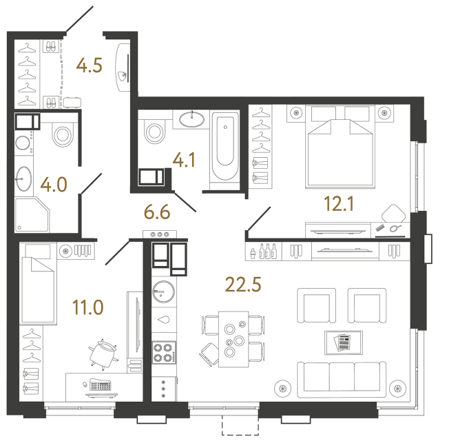 Двухкомнатная квартира №694 в ЖК Струны 2 оч. - 64.8 м²