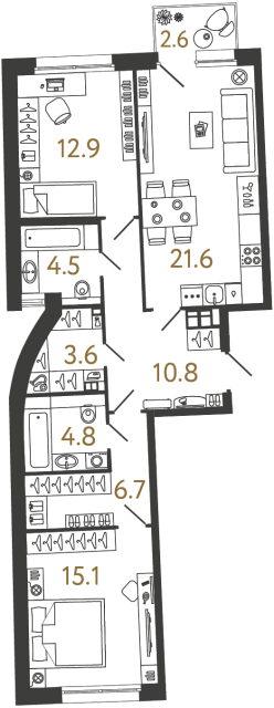 Двухкомнатная квартира №11 в ЖК Цвет Зеленогорска - 80 м²