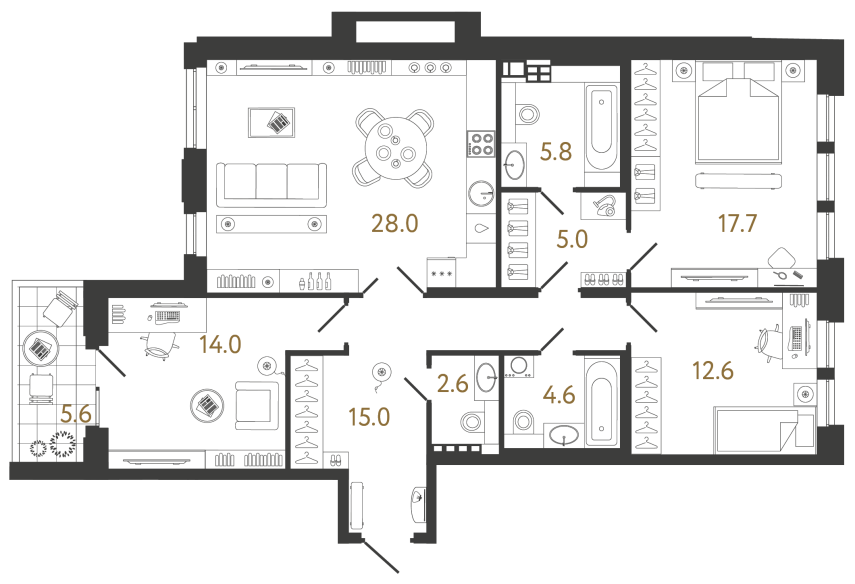 Трёхкомнатная квартира №26 в ЖК Коллекционер - 105.3 м²