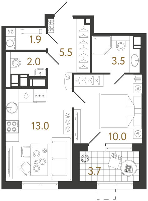 Однокомнатная квартира №445 в ЖК Струны - 35.9 м²