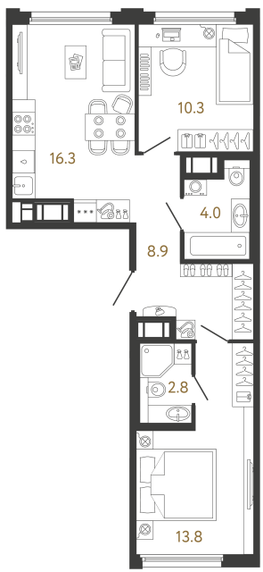 Двухкомнатная квартира №3 в ЖК Гений - 56.1 м²