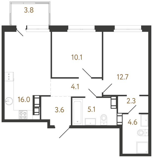 Двухкомнатная квартира №328 в ЖК Куинджи - 58.5 м²  - №2