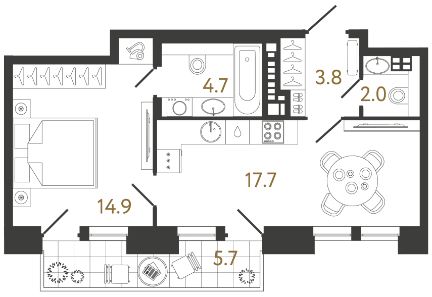 Однокомнатная квартира №14 в ЖК Коллекционер - 43.1 м²