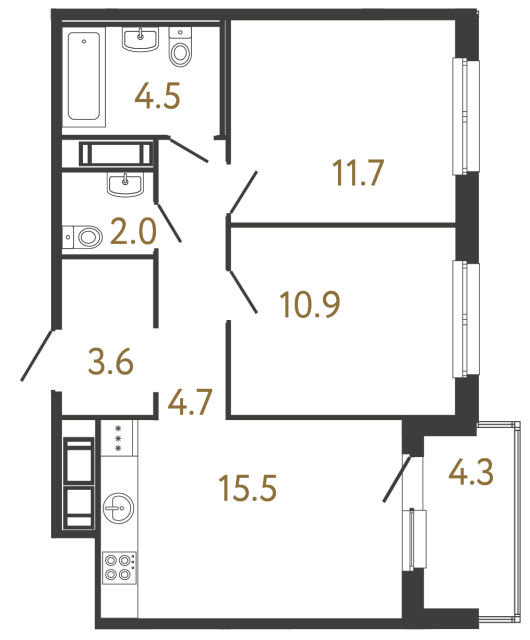Двухкомнатная квартира №309 в ЖК Передвижники - 52.9 м²  - №2