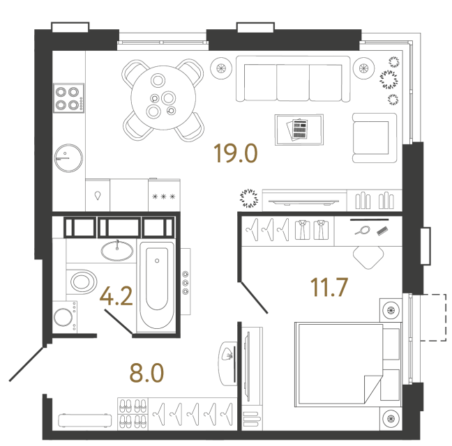 Однокомнатная квартира №607 в ЖК Струны 2 оч. - 42.9 м²