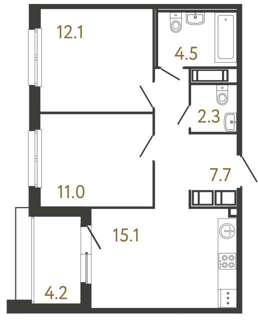 Двухкомнатная квартира №118 в ЖК Передвижники - 52.7 м²  - №2