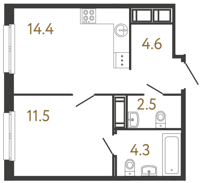 Однокомнатная квартира №68 в ЖК Передвижники - 37.3 м²  - №2