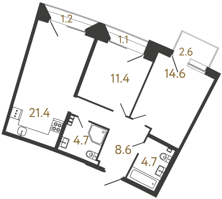Двухкомнатная квартира №57 в ЖК Цвет Зеленогорска - 65.4 м²  - №2