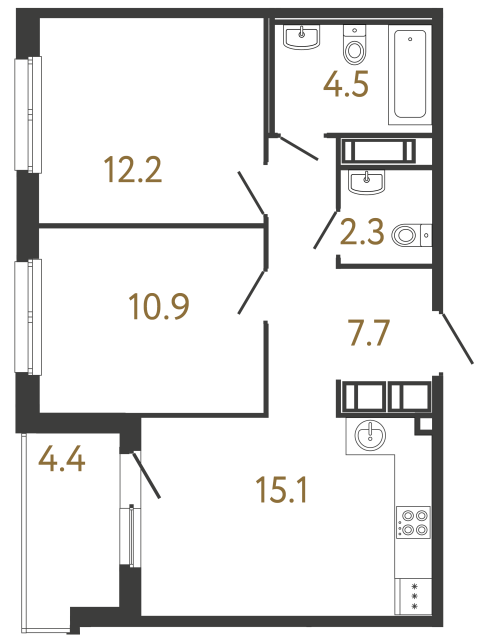 Двухкомнатная квартира №138 в ЖК Передвижники - 52.7 м²  - №2