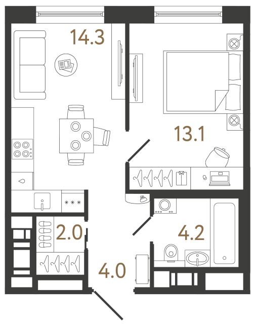 Однокомнатная квартира №84 в ЖК Передвижники 2 - 37.6 м²