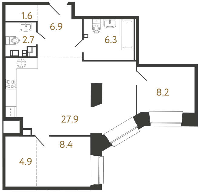Двухкомнатные апартаменты №32 в ЖК Светоч - 66.9 м²  - №2