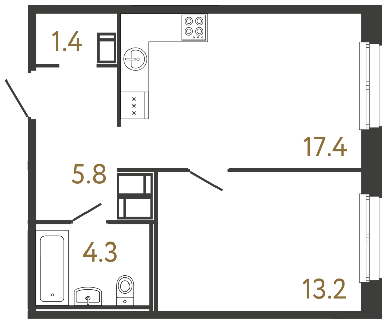 Однокомнатная квартира №203 в ЖК Передвижники - 42.1 м²  - №2