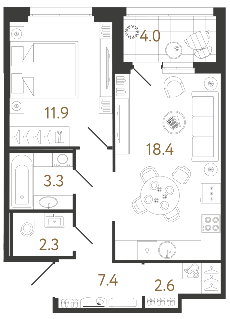 Однокомнатная квартира №61 в ЖК Литера - 45.9 м²