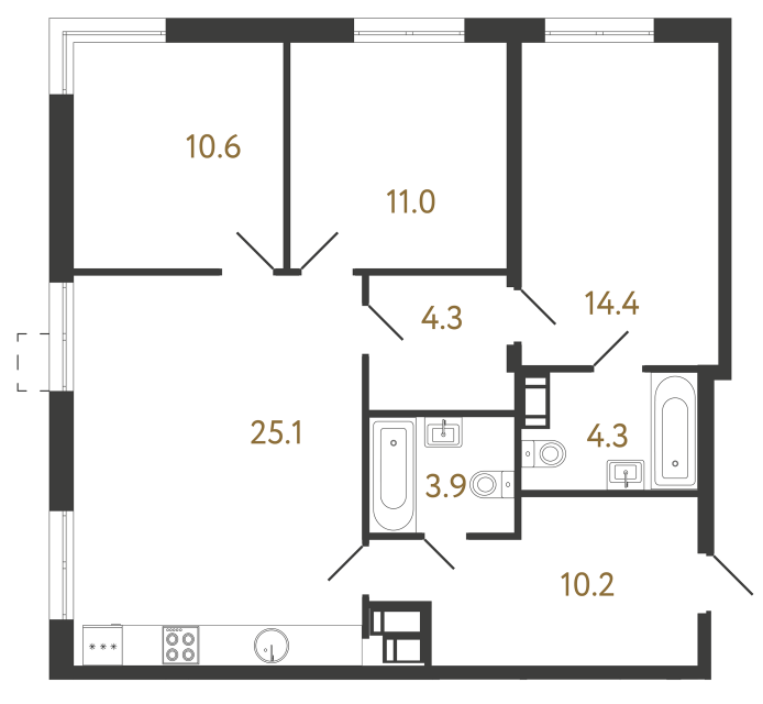 Трёхкомнатная квартира №511 в ЖК Струны - 83.8 м²  - №2