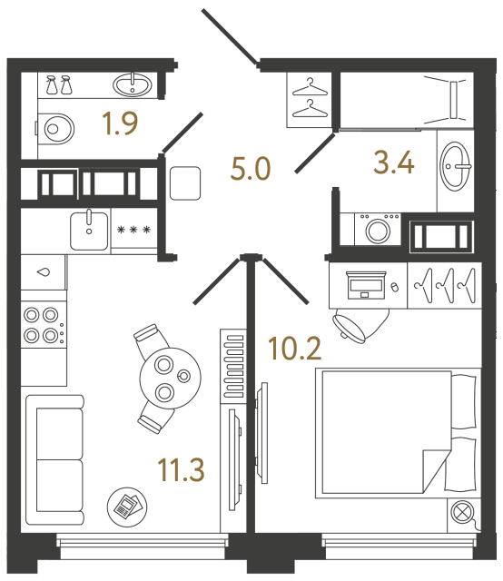 Однокомнатная квартира №563 в ЖК Гений - 31.8 м²