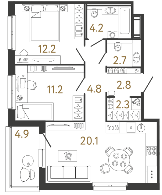 Двухкомнатная квартира №326 в ЖК Передвижники - 60.3 м²