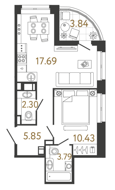 Однокомнатная квартира №779 в ЖК Ultra City 3 - 40.07 м²
