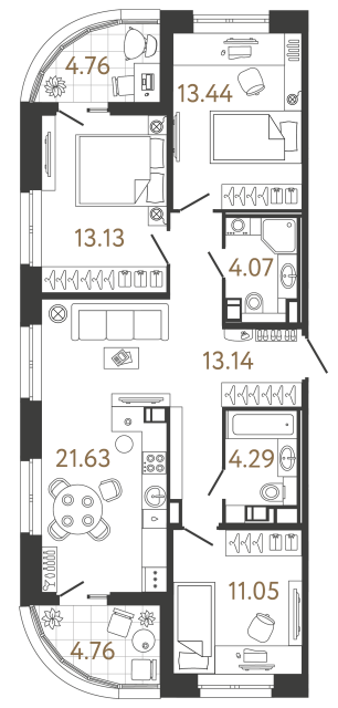 Трёхкомнатная квартира №754 в ЖК Ultra City 3 - 80.75 м²