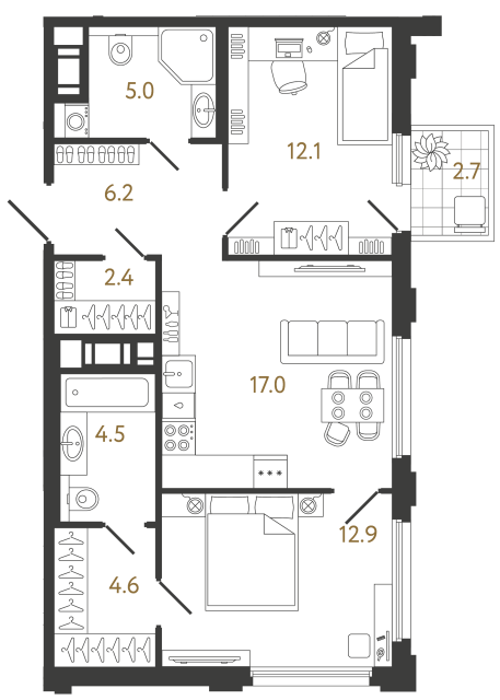 Двухкомнатная квартира №347 в ЖК Гений - 64.7 м²