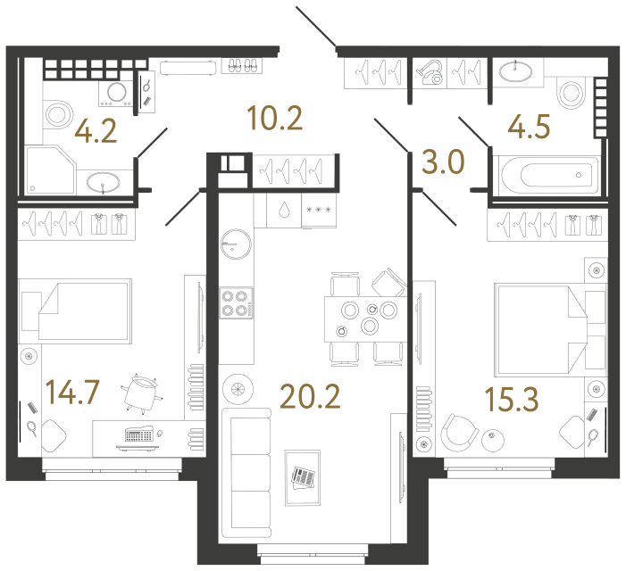 Двухкомнатная квартира №42 в ЖК Визионер - 72.1 м²