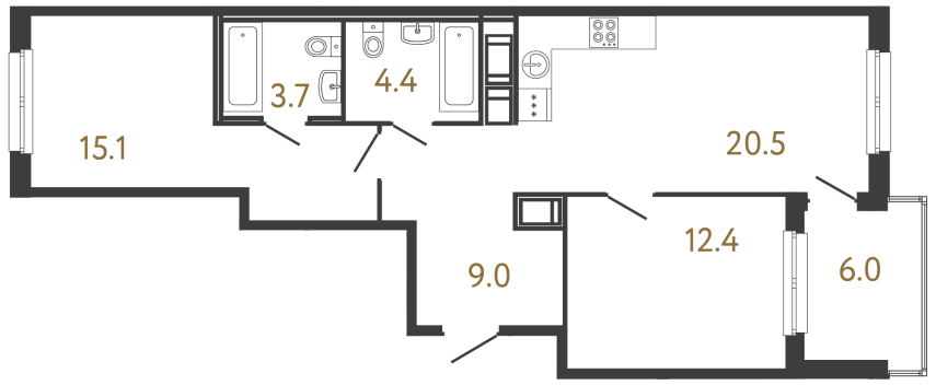 Двухкомнатная квартира №336 в ЖК Передвижники - 65.1 м²  - №2