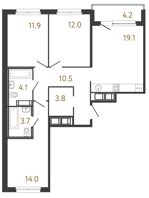 Трёхкомнатная квартира №178 в ЖК Передвижники - 79.1 м²  - №2
